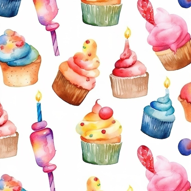 Aquarela sem costura padrão com cupcakes e velas. mão desenhada ilustração. pode ser usado para papel de parede, embrulho, embrulho, embrulho, papel de embrulho, tecido, papel de embrulho, embrulho