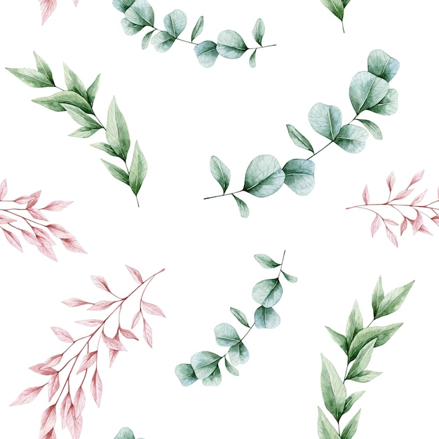 Foto aquarela sem costura padrão com eucalipto, folhas verdes e rosa. isolado no fundo branco.