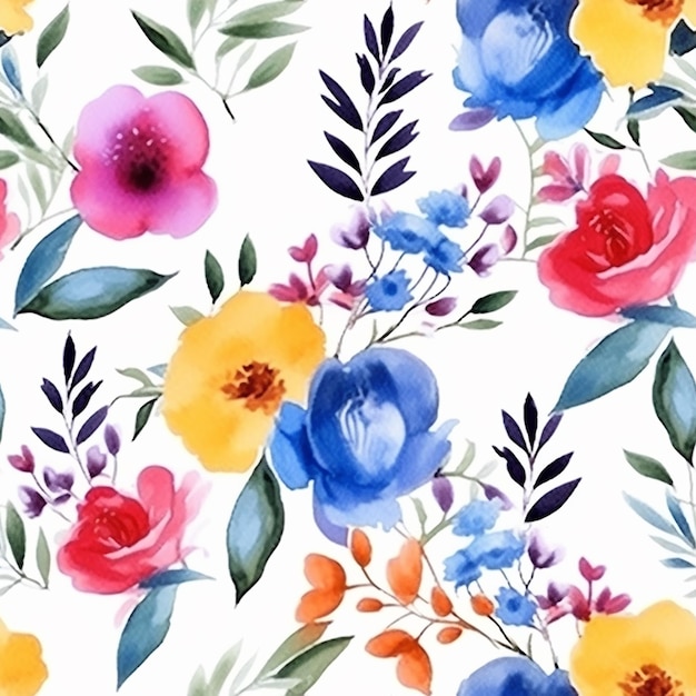 Aquarela sem costura padrão com flores coloridas em um fundo branco