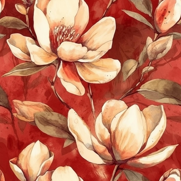 Aquarela sem costura padrão com flores de magnólia em um fundo vermelho