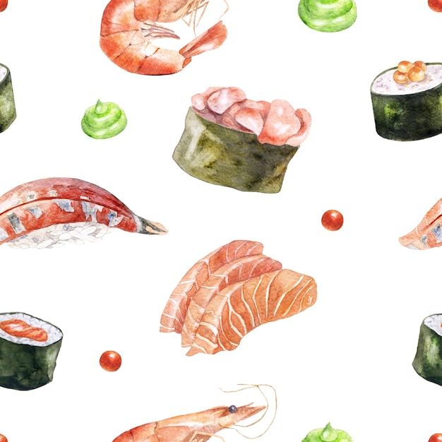 Aquarela sem costura padrão com sushi, camarão e sashimi em branco.