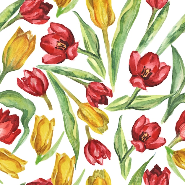 Aquarela sem costura padrão com tulipas amarelas e vermelhas