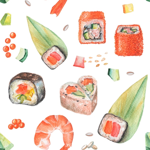 Foto aquarela sem costura padrão desenhado à mão de sushi japonês com folhas, arroz, pepino, salmão, peixe