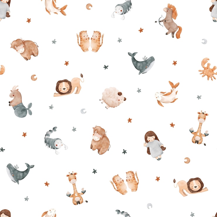 Foto aquarela sem costura para crianças com estrelas, lua e todos os signos do zodíaco coleção de horóscopo de bebês perfeito para cartazes, cartões postais, têxteis, embalagens, impressões, capas, personagens de astrologia fofos