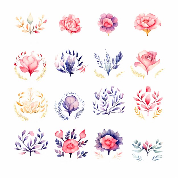 Foto aquarela set de emblemas florais com espaço de texto de cópia.