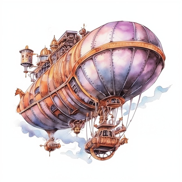 Aquarela steampunk dirigible volando a través del cielo aislado en el fondo blanco