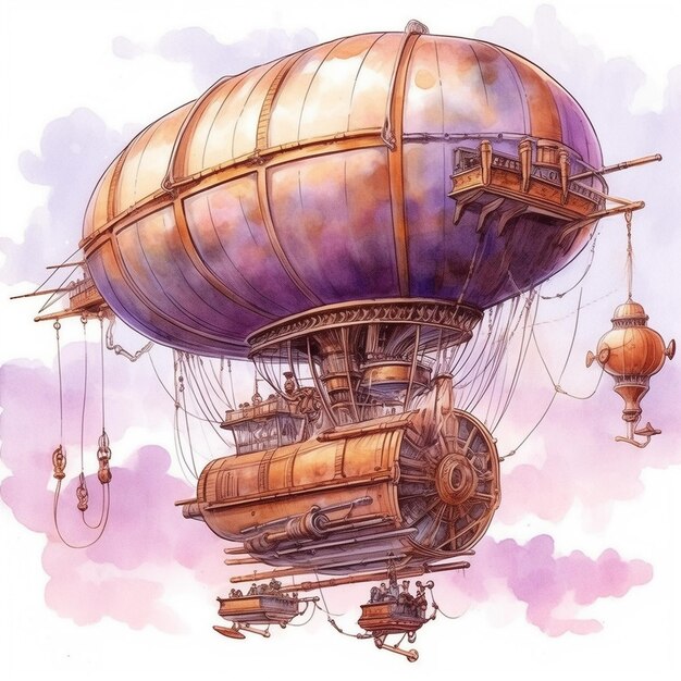 Aquarela steampunk dirigible volando a través del cielo aislado en el fondo blanco