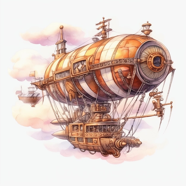 Aquarela steampunk dirigível voando pelo céu isolado no fundo branco