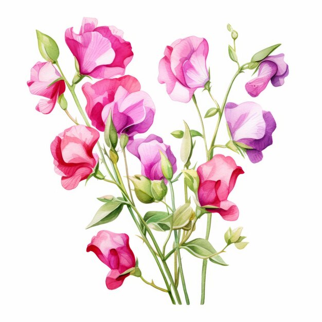 Aquarela Sweet Pea Clipart Ilustrações florais cor-de-rosa e roxa