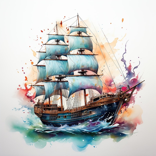 Aquarela Tatuagem de Navio Pirata nos Mares