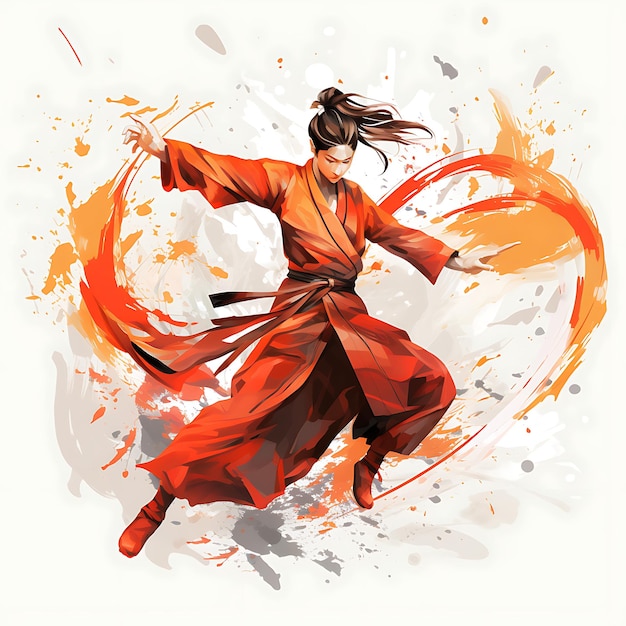 Aquarela Tema de China Demostración de artes marciales tradicionales con trabajo de artes creativas rojas