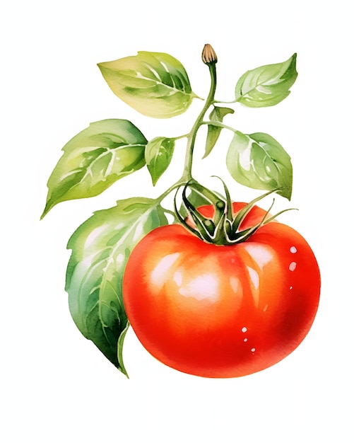 Aquarela tomate com folhas verdes e um caule isolado no fundo branco