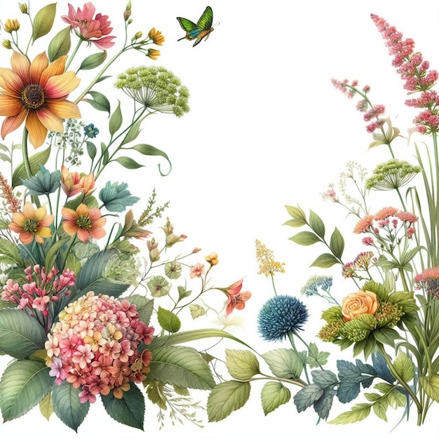 aquarela tons suaves e pastéis flores folhas e ilustração de borda de planta botânica
