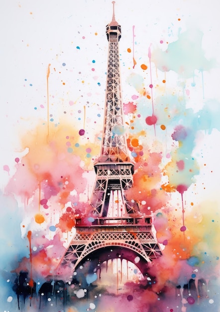 Aquarela Torre Eiffel em orientação vertical respingos de tinta Generative ai