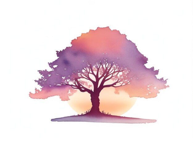 Aquarela transparente, pôr-do-sol e árvore para uma cena serena