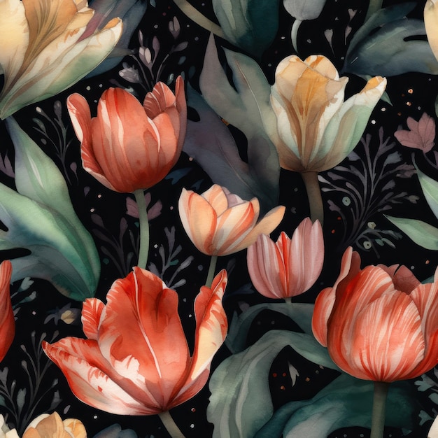 Aquarela tulipas sem costura padrão papéis digitais generativa AI