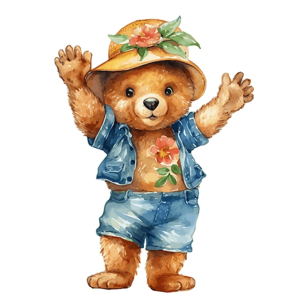 Aquarela Um ursinho bonito usando um chapéu de flor e um casaco