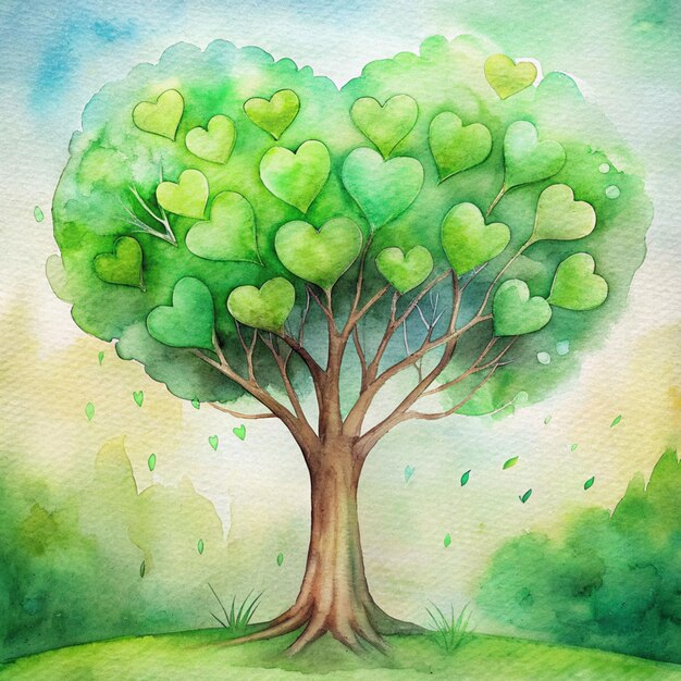 aquarela uma árvore com folhas verdes em forma de coração crescendo