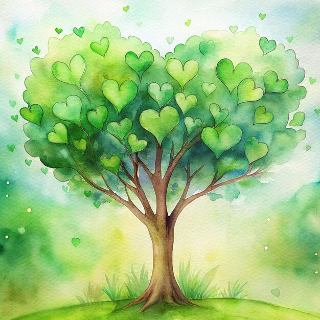 aquarela uma árvore com folhas verdes em forma de coração crescendo