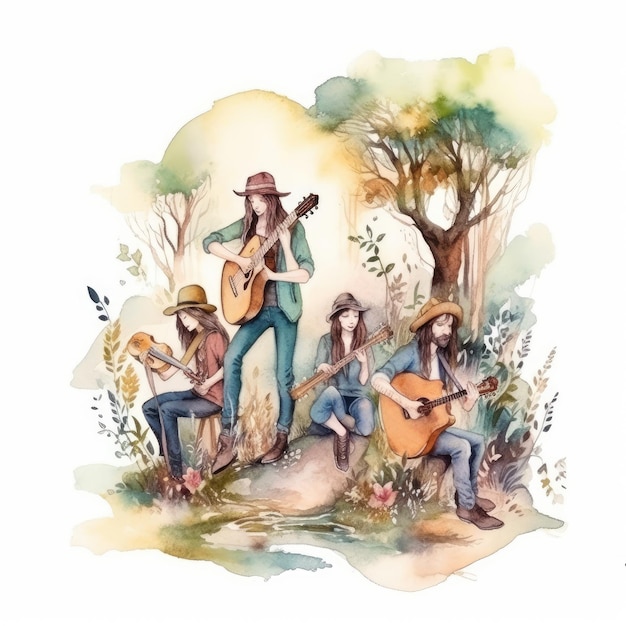 Aquarela uma banda tocando em uma floresta