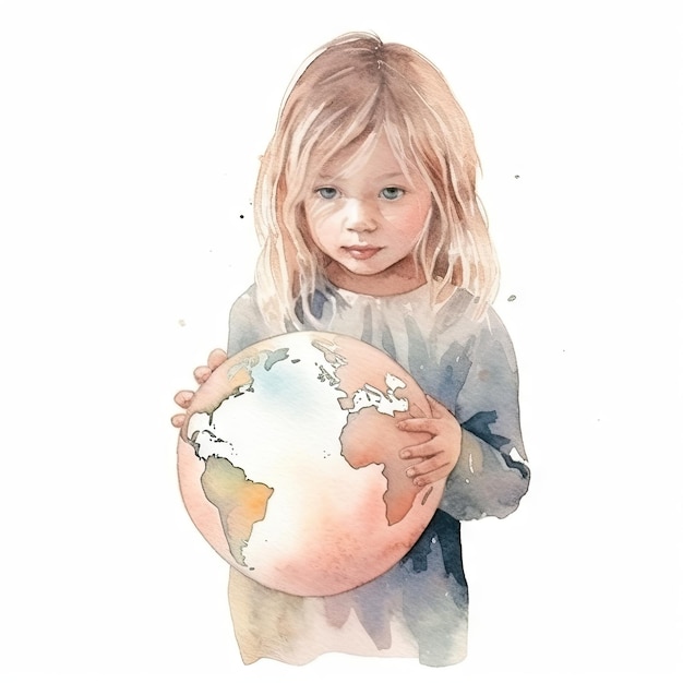 Aquarela uma criança segurando um globo