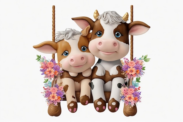 Aquarela, vaca, casal, balanço Clipart