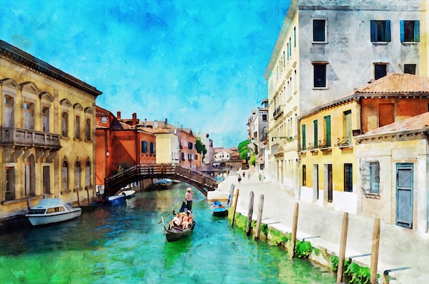 Aquarela veneziana Vista do canal de gôndolas de rua veneziana Cartão postal de arte com vista para Veneza Itália