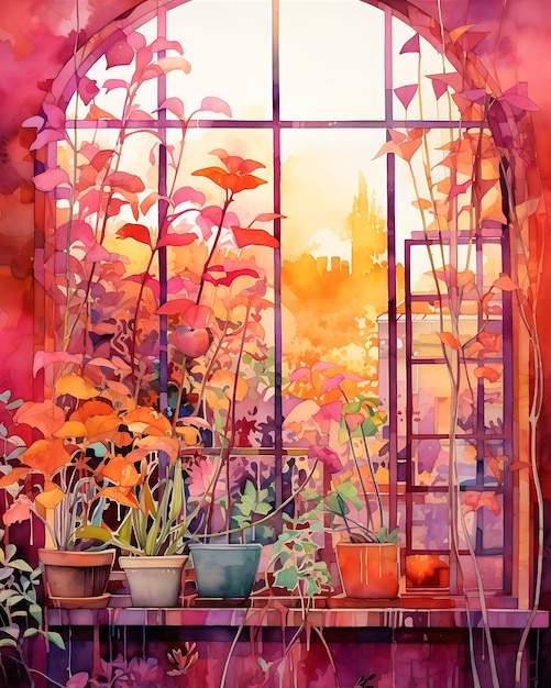 Foto aquarela para ventanas con hermosas plantas