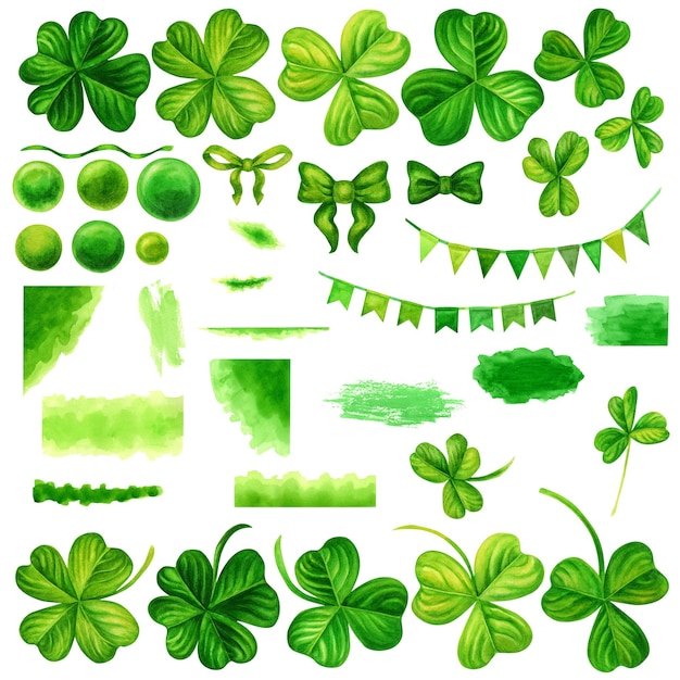 Aquarela verde trébol hojas manchas arcos círculos banderas cintas para la primavera Pascua San Patricio verano