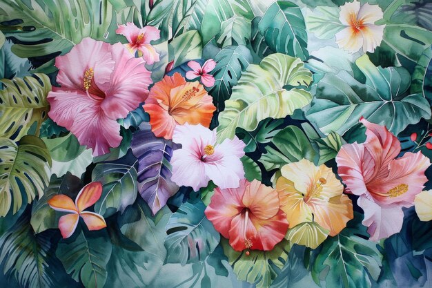 Aquarela vibrante de flores y hojas tropicales con patrones detallados