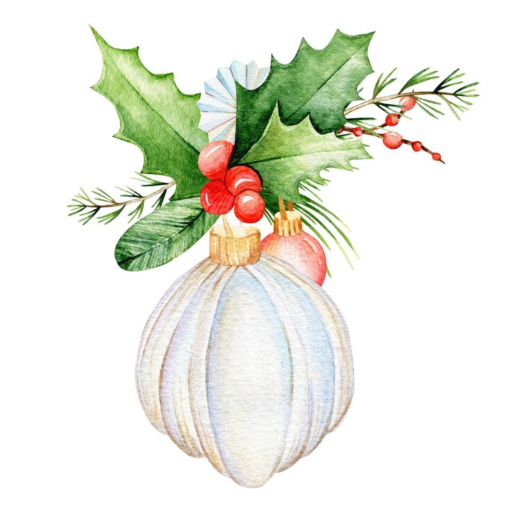 Foto aquarela vintage juguetes de navidad decoraciones de árboles de navidad ramas de bola rojas hojas bayas de acebo