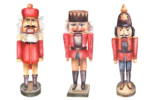 Aquarela vintage quebra-nozes conjunto de madeira brinquedo soldado tradição árvore de Natal decoração retro mão
