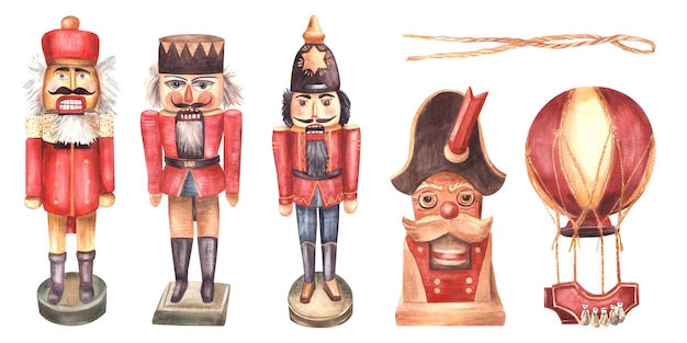 Aquarela vintage quebra-nozes soldado de madeira balão de ar quente corda gravata tradição árvore de Natal retro