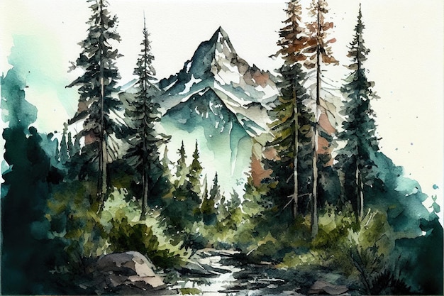 Aquarela vista para a montanha com um rio e uma geração de casa ai