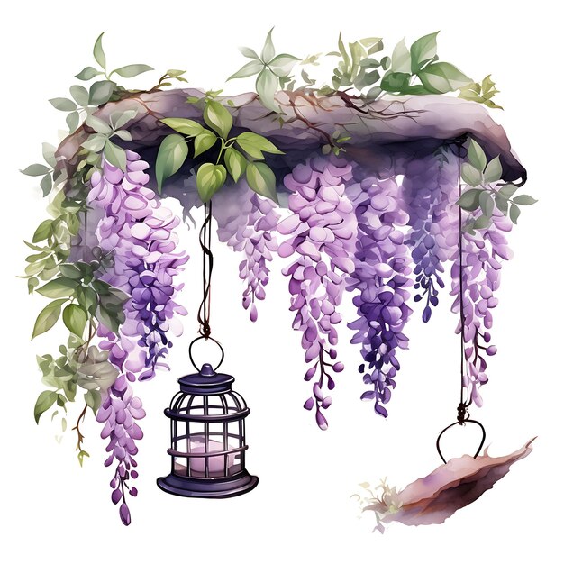 Foto aquarela wisteria bonsai terra cotta pot compuesto de hojas de arco de jardín clippart camiseta aislada