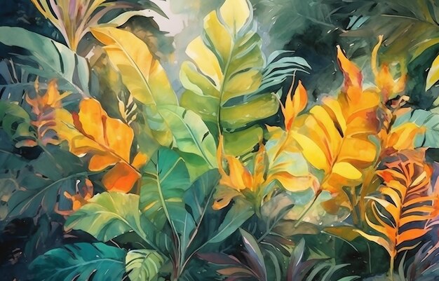 Aquarelas plantas ouro elemento flores penas de cavalo folhas tropicais