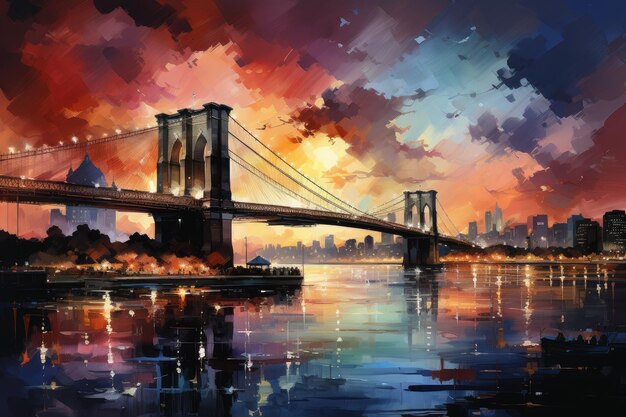 Aquarell Abend Sonnenuntergang über der Brooklyn Bridge in New York Stadtlandschaft Generative KI