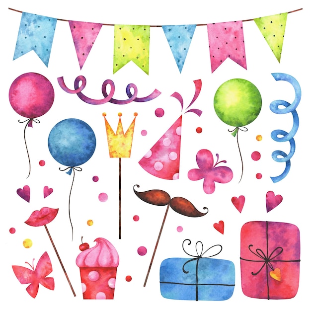 Aquarell alles Gute zum Geburtstag Clipart-Set isoliert auf weißem Hintergrund