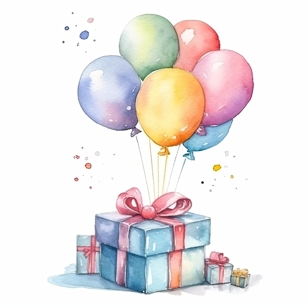 Aquarell-Alles Gute zum Geburtstag-Geschenkboxen mit Luftballons Illustration AI GenerativexA