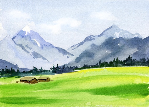 Aquarell Alpenlandschaft Sommerfeld und Berge blauer Himmel mit Wolken handgezeichnete Skizze illustr