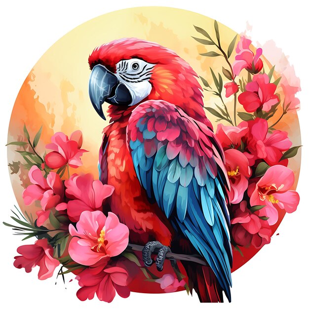 Aquarell-Ara-Vogel umgeben von Bougainvillea-Blume S auf weißem Hintergrund, digitale Kunst