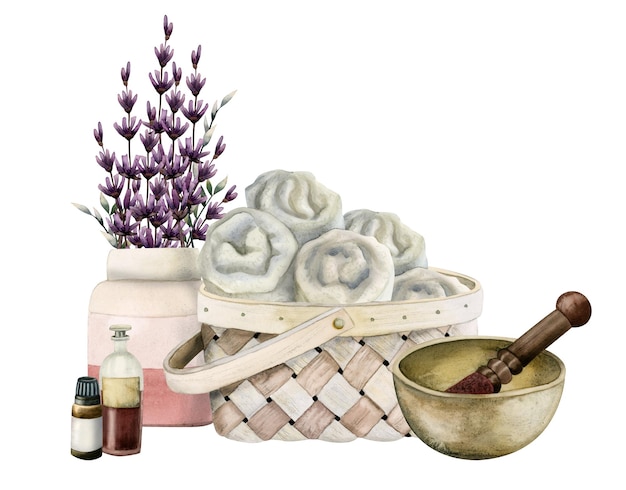 Aquarell-Aromatherapie-Weidenkorb mit Spa-Handtüchern, Lavendel-Klangschalen-Aromaölillustration