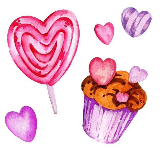 Aquarell auf Valentinstag Thema Hand zeichnen Illustration Herz Süßigkeiten Cupcakes Rosa Flieder