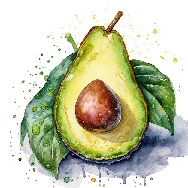 Aquarell-Avocado mit Blättern auf weißem Hintergrund. Handgezeichnete Illustration. Generative KI