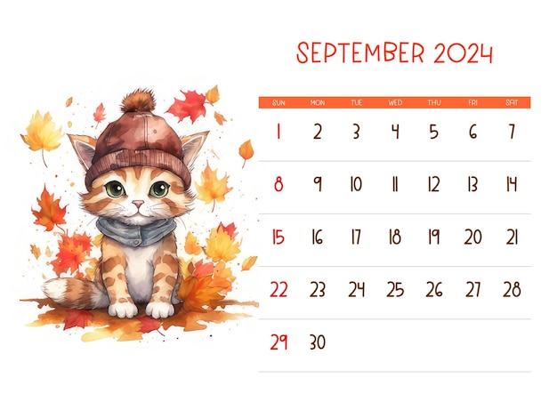 Aquarell Baby Katze mit Hut Druckbarer Kalender 2024