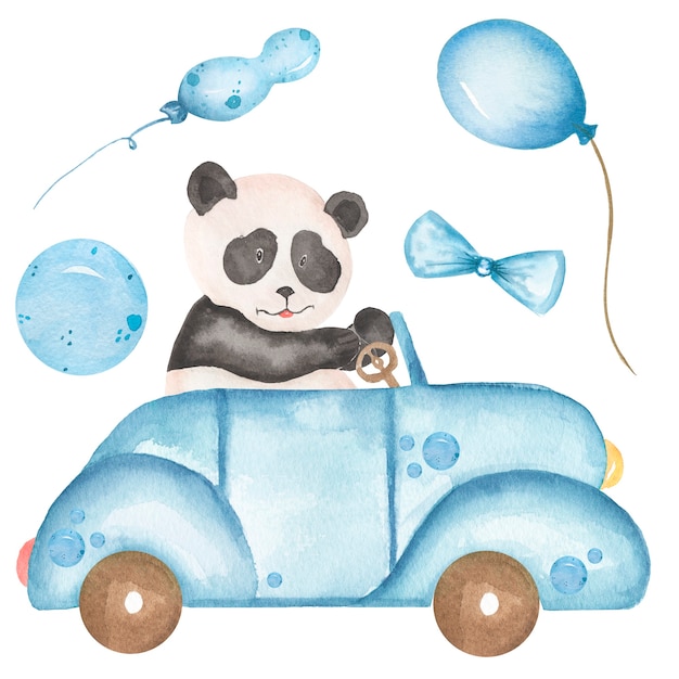 Aquarell Baby Panda fährt die Autoillustration. Safari Tier Clipart, blaue Luftballons, Waldbär ClipArt, Baby-Dusche-Grafiken, Kindergeburtstagskarten, blauer Transport birthday