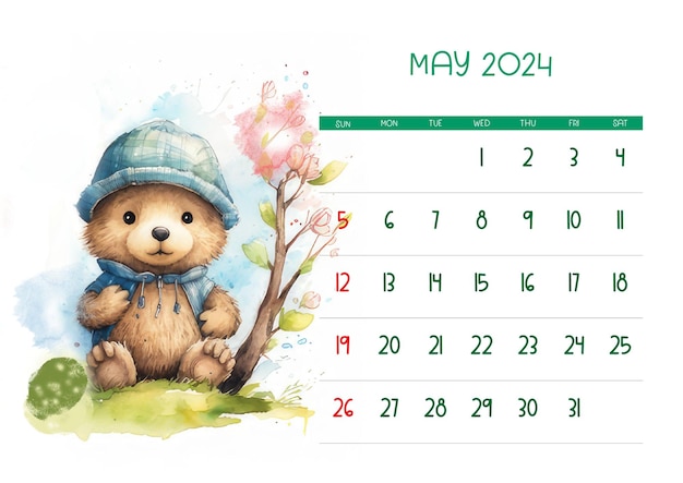 Foto aquarell-babybär mit hut, druckbarer kalender 2024