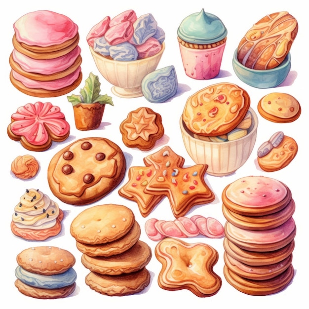 Foto aquarell-bäckerei-dessert-set
