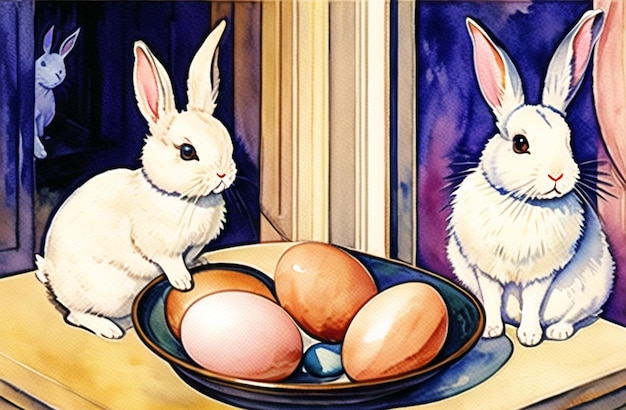 Aquarell-Banner Osterhase Eier Bauernhof Landschaftsdarstellung Feiertagsfeier AI generiert