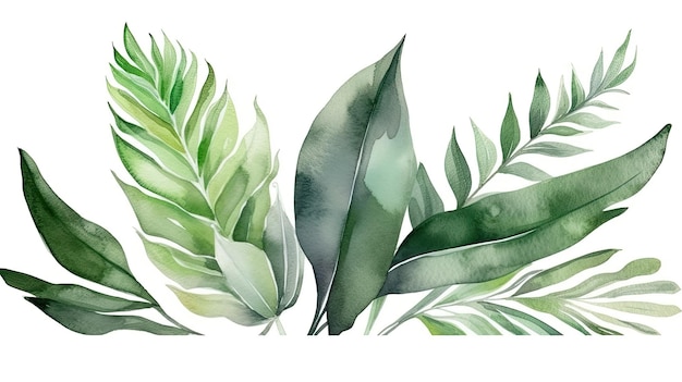Aquarell, Banner, Tropische Blätter, Und, Zweige, Freigestellt, Weiß, Hintergrund